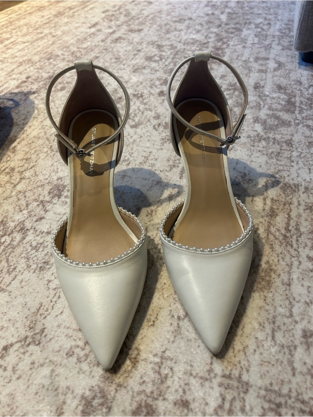 Stuart Weitzman Ivory Pointed Pearl-Trim Ankle-Strap Pumps